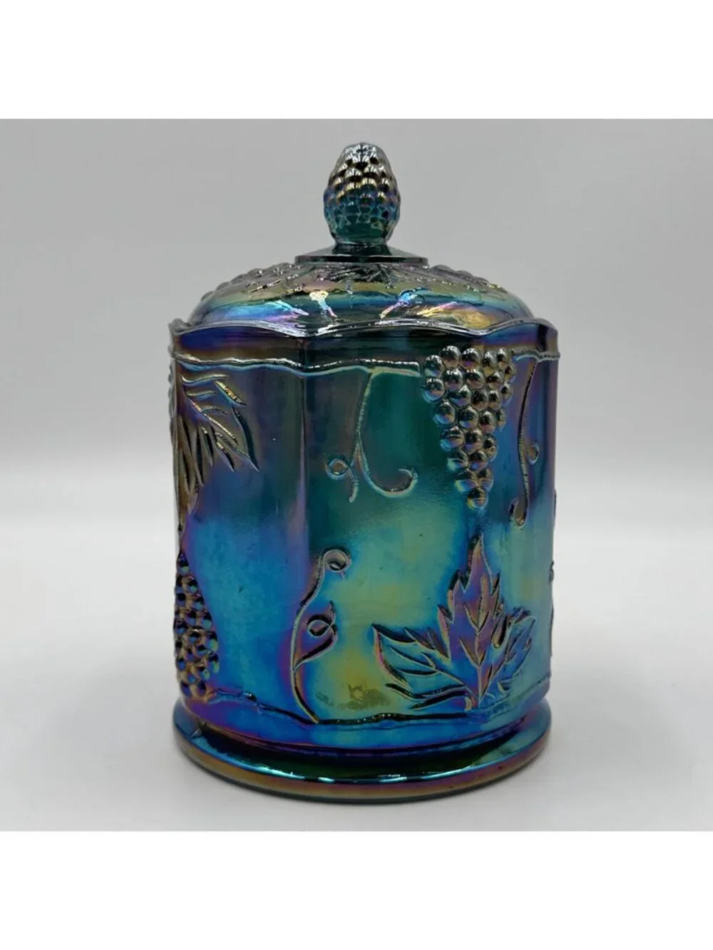 Vintage Carnival Glass Covered Candy Jar Grape & Leaf Design Pinecone Lid